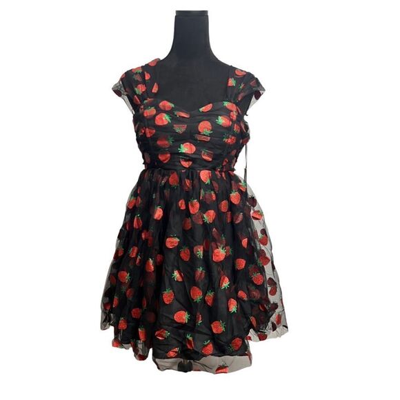 Unique Vintage Black Glitter Strawberry Print Babydoll Dress - Picture 3 of 13